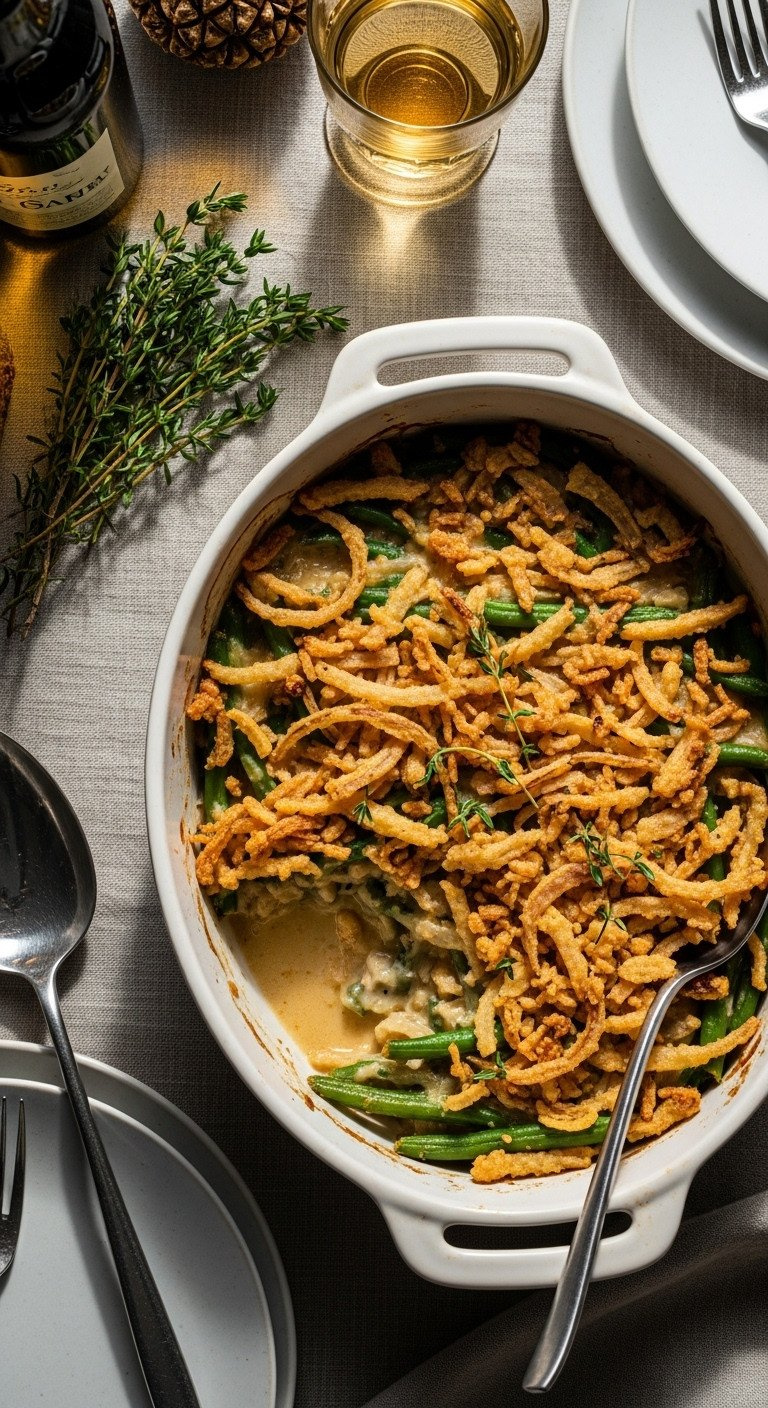 Baked Green Bean Casserole With Crispy Fried Onion Topping In A White Ceramic Dish, A Delicious Holiday Recipe.