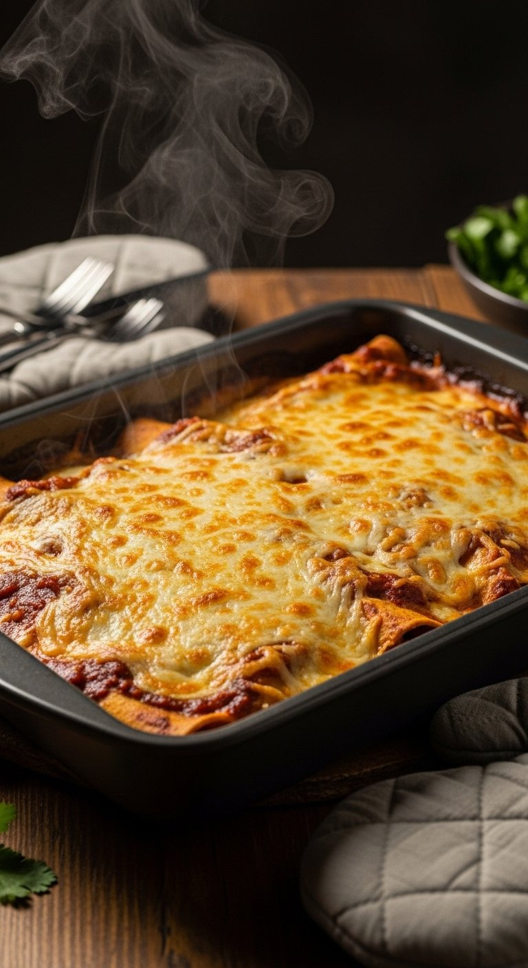 Baked Green Chile Chicken Enchiladas Topped With Bubbly Golden Melted Cheese.