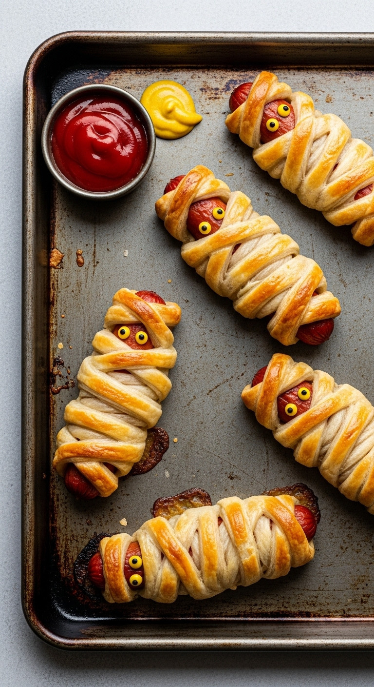 Baked Hot Dog Mummies With Golden Pastry, Mustard Eyes, On A Dark Baking Sheet With Ketchup And Mustard For Dipping.