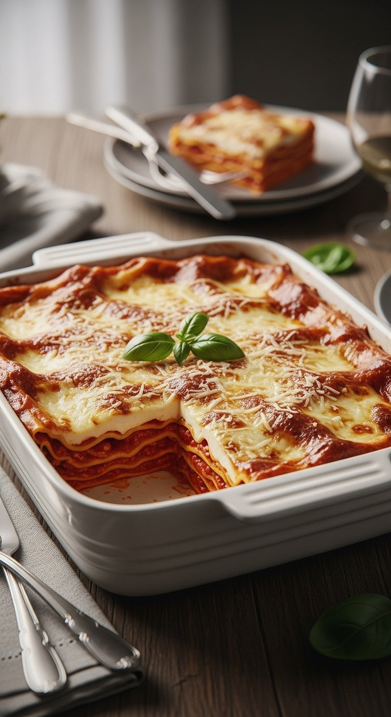 Baked Lasagna In A White Ceramic Dish With Golden Bubbly Cheese And A Removed Slice Showing Creamy Layers On A Rustic Wood Table