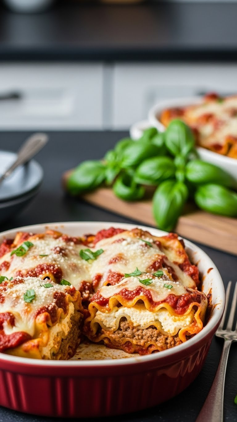 Baked Lasagna Roll-Ups With Melted Mozzarella Cheese Standing Upright In Rich Marinara Sauce Showing Layered Interior.