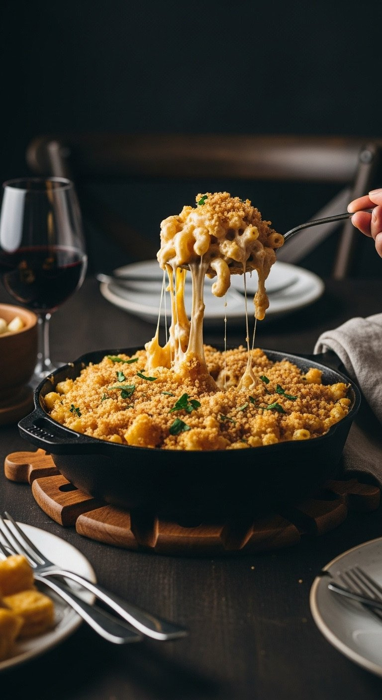 Baked Mac And Cheese Skillet With Crispy Breadcrumbs, Cheese Pull, On Dark Table With Red Wine.