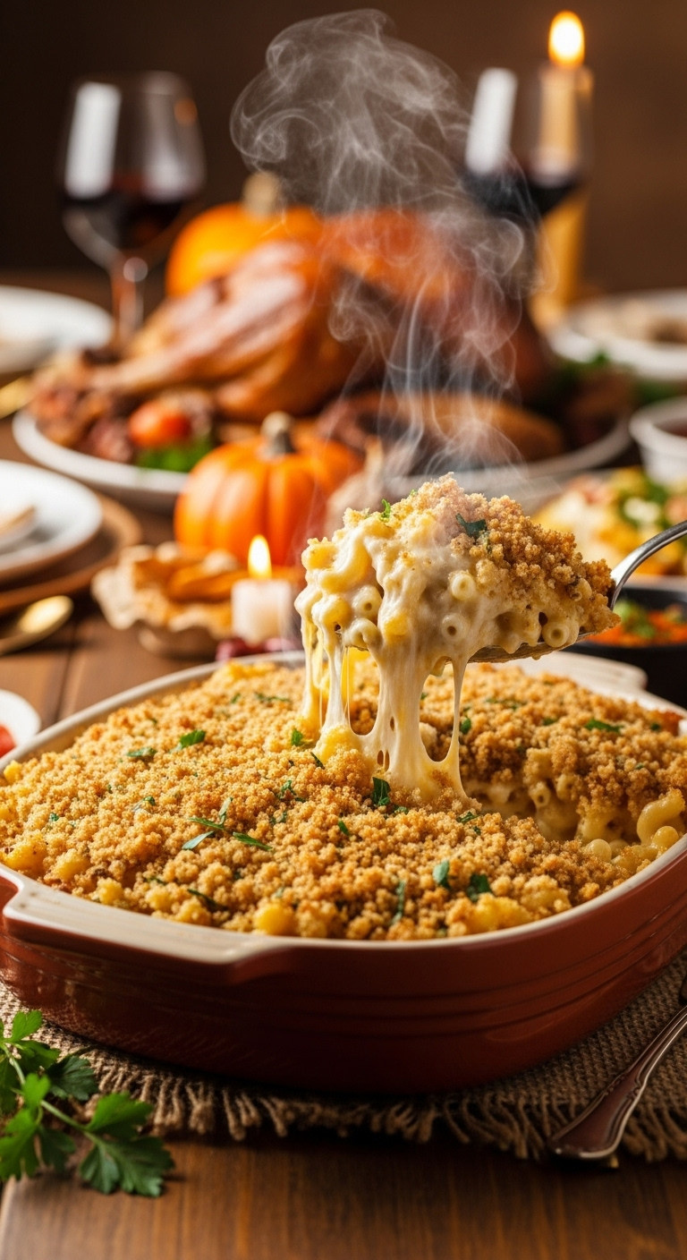 Baked Mac And Cheese With Golden Breadcrumb Topping, Bubbly Cheese, And A Scoop Showing A Delicious Cheese Pull. Family Recipe.
