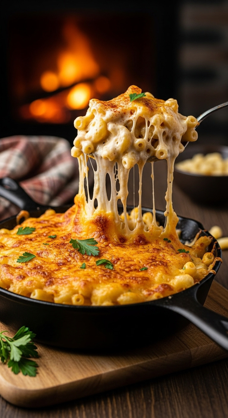 Baked Macaroni &Amp; Cheese In Cast-Iron Skillet, Golden Crust, Epic Cheese Pull, Paprika, Parsley. Comfort Food.