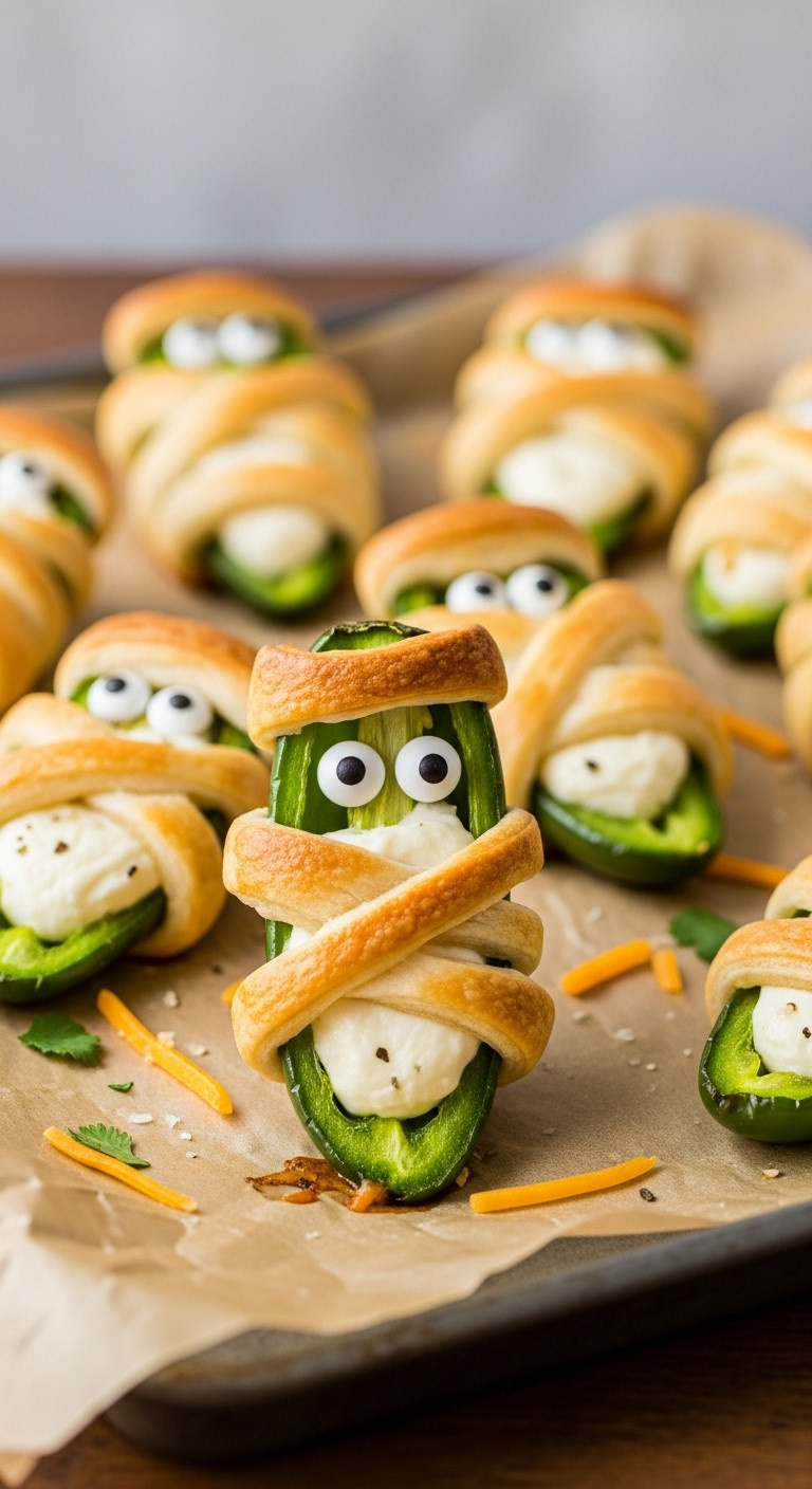 Baked Mummy Jalapeño Poppers With Cheesy Filling And Candy Googly Eyes On Parchment Paper For Creepy Halloween Finger Food