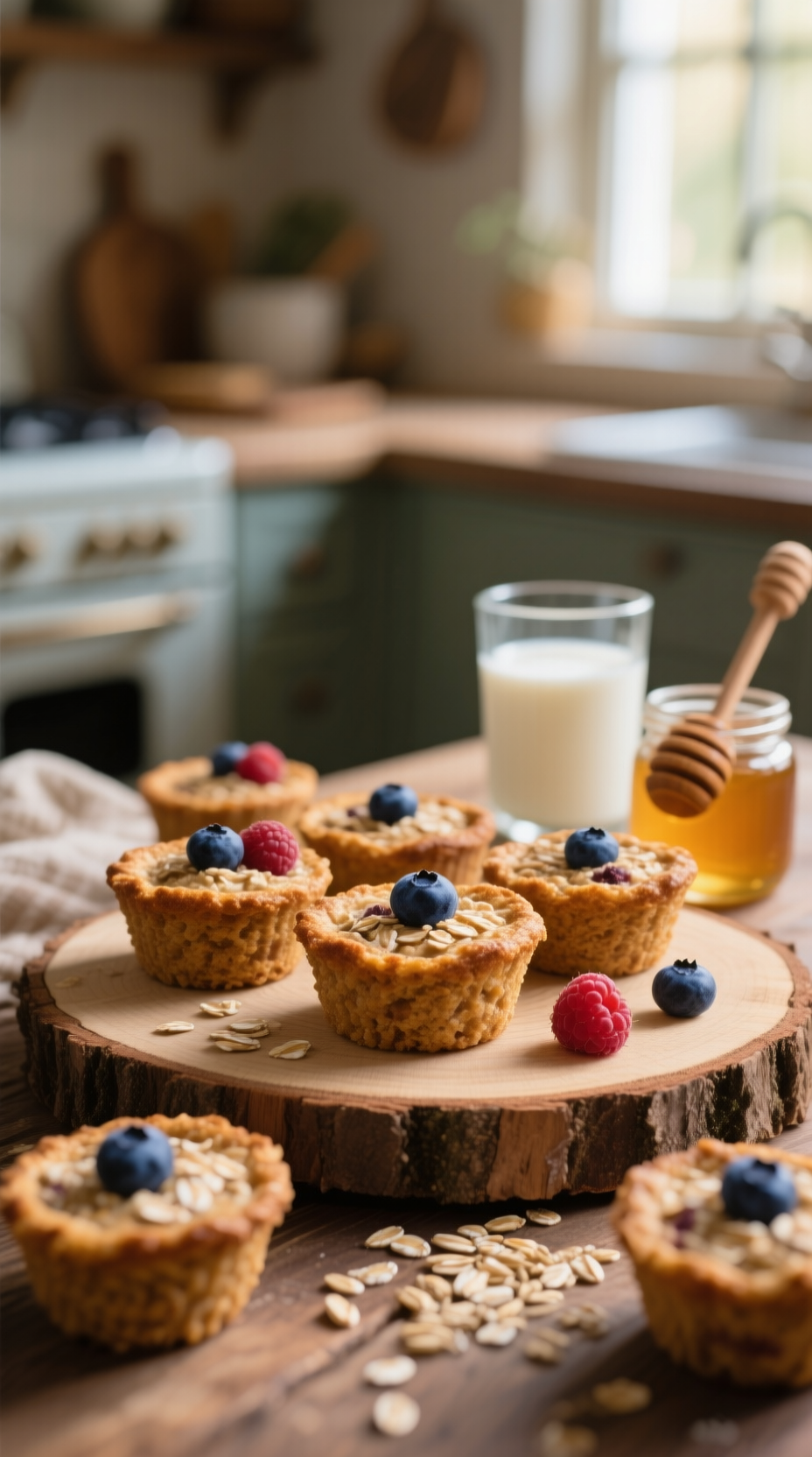 Baked Oatmeal Cups With Blueberries And Raspberries On A Rustic Wood Slice With Honey Milk And Scattered Oats In Warm Natural Light