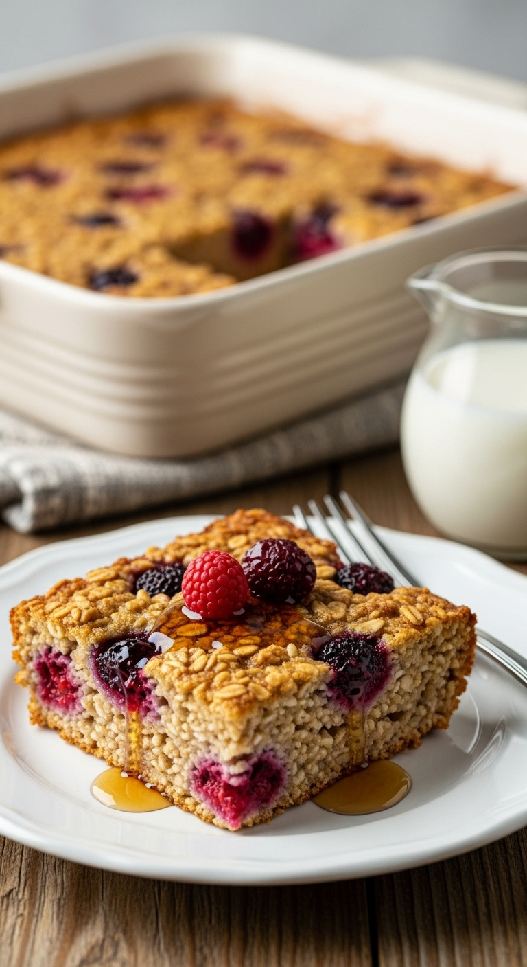 Baked Oatmeal Slice With Berries And Maple Syrup On A White Plate With A Fork And Milk Pitcher On A Farmhouse Table