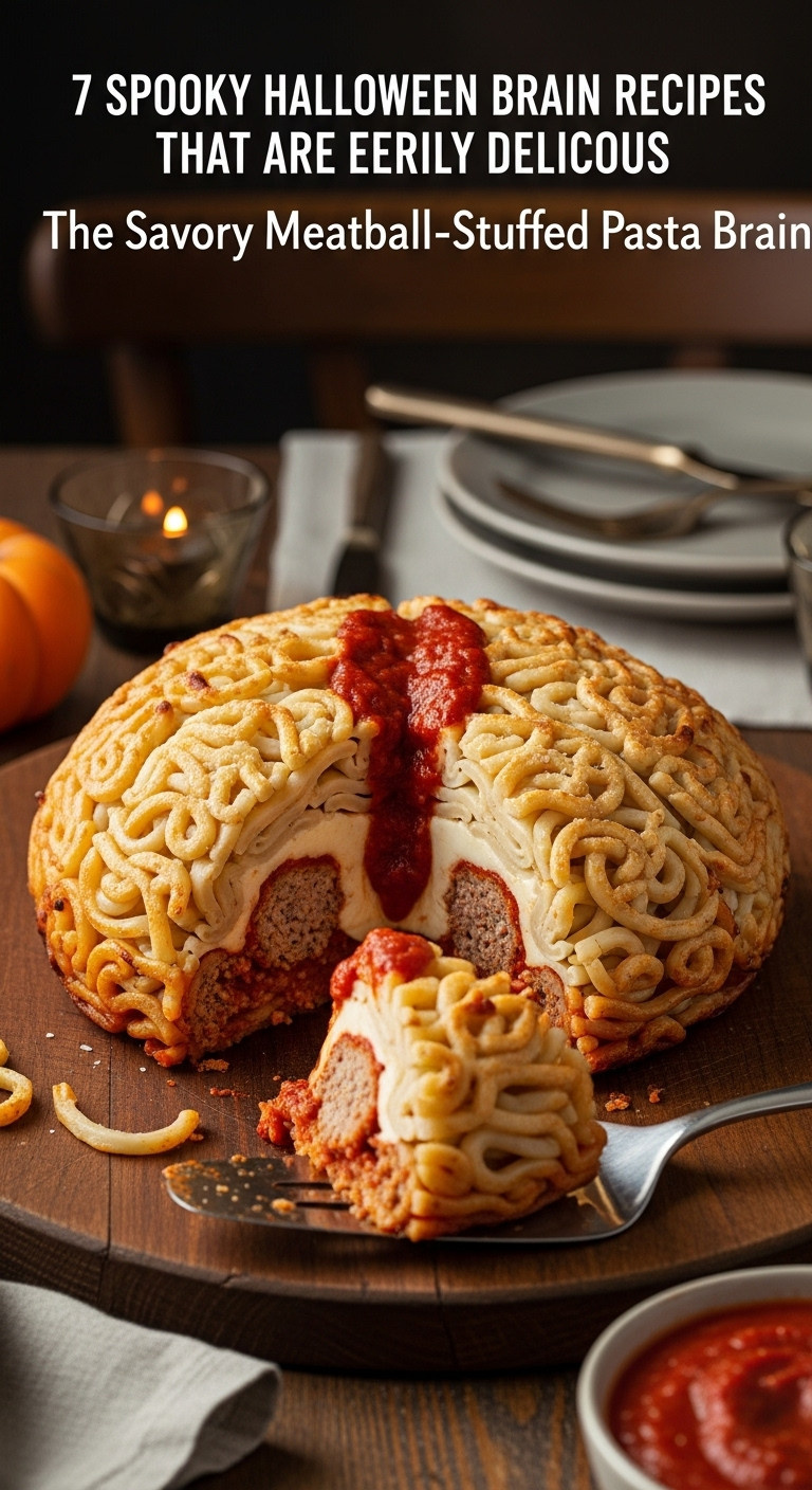 Baked Pasta Brain With Udon Noodles, Marinara Sauce, Meatballs, And Cheese On Rustic Wooden Cutting Board