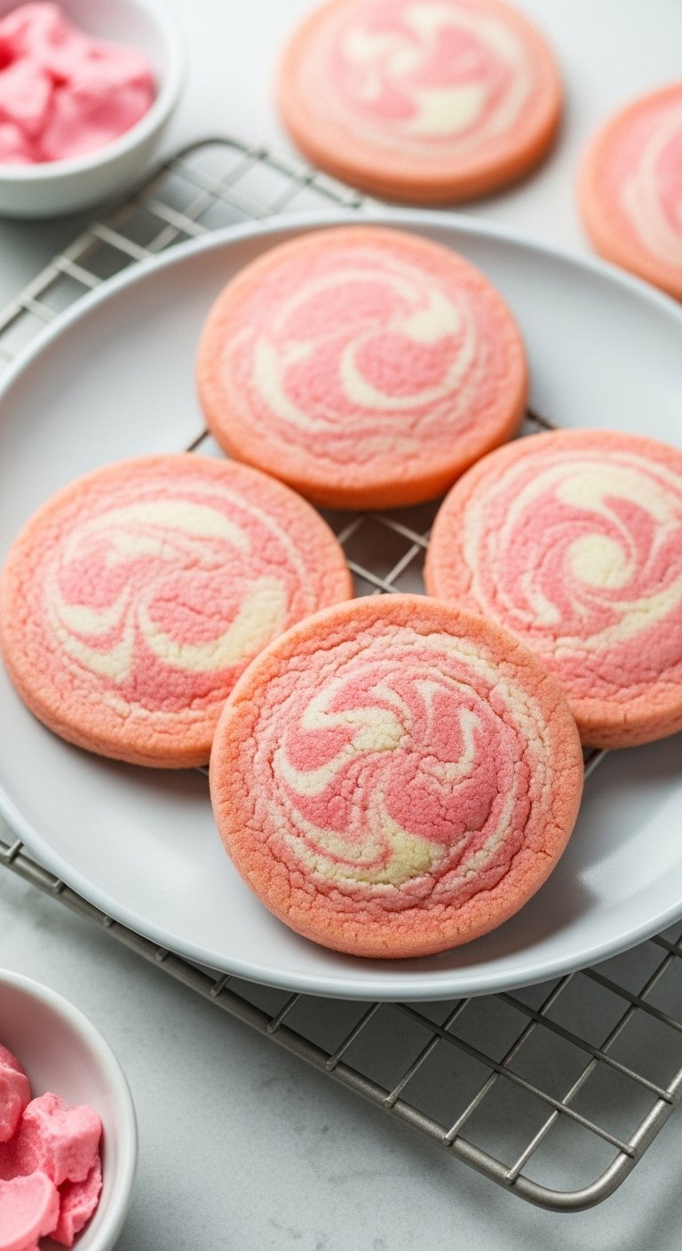 Baked Pink And White Marble Sugar Cookies With Delicate Swirling Patterns On A Wire Cooling Rack.