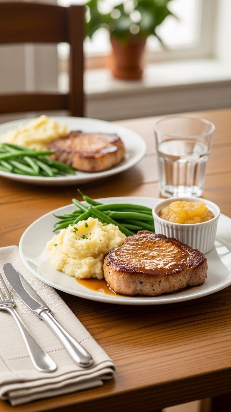 Baked Pork Chop With Mashed Potatoes, Green Beans, And Applesauce