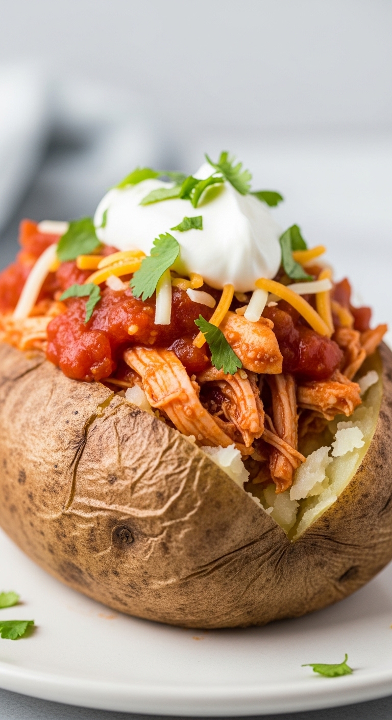 Baked Potato Stuffed With Salsa Chicken, Sour Cream, Shredded Cheese, And Chopped Cilantro