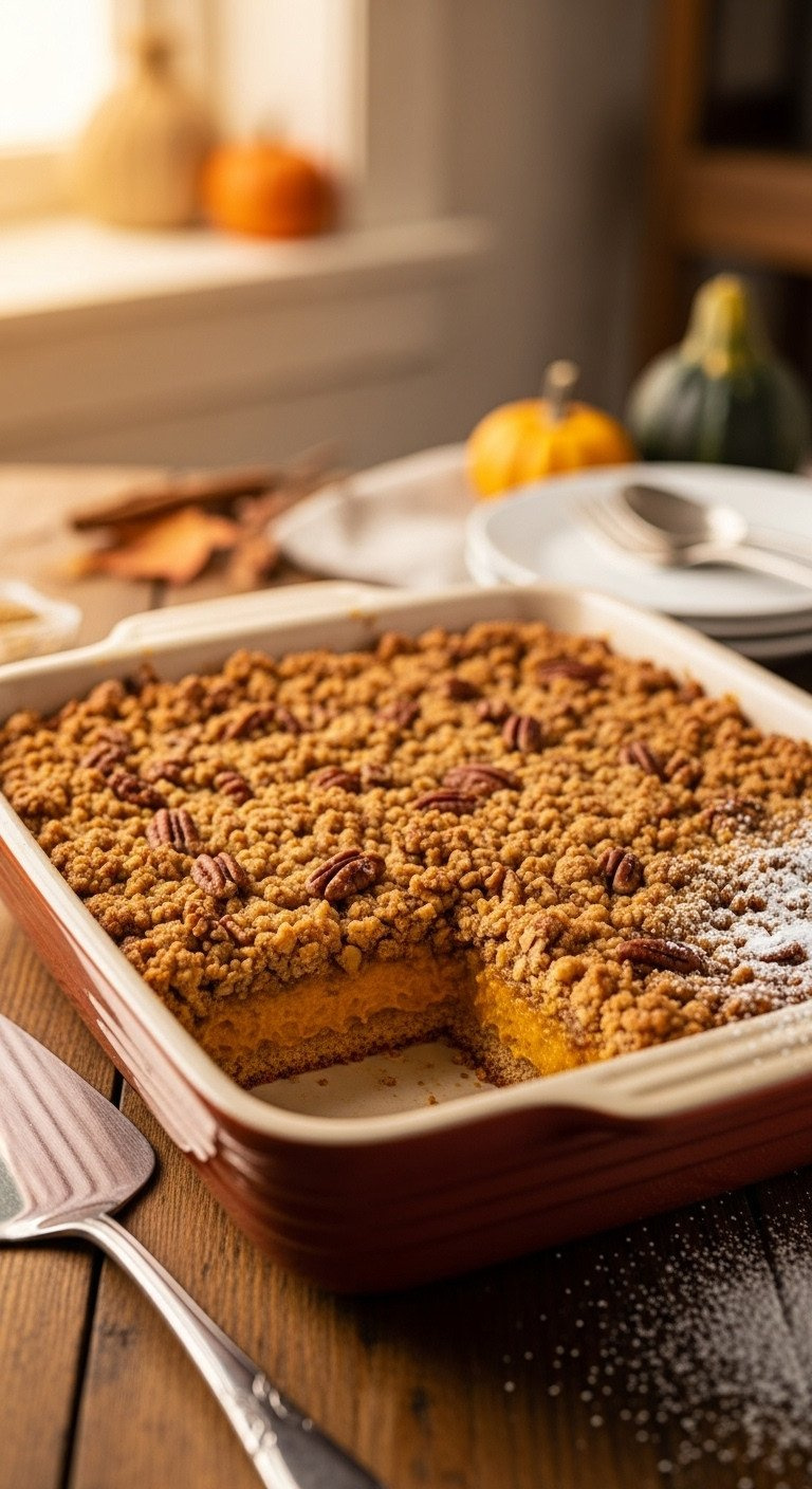 Baked Pumpkin Dump Cake In Rustic Ceramic Dish, Golden Pecan Topping, Creamy Orange Pumpkin, Slice Removed. Cozy Fall Kitchen, Wood Table, Spatula.