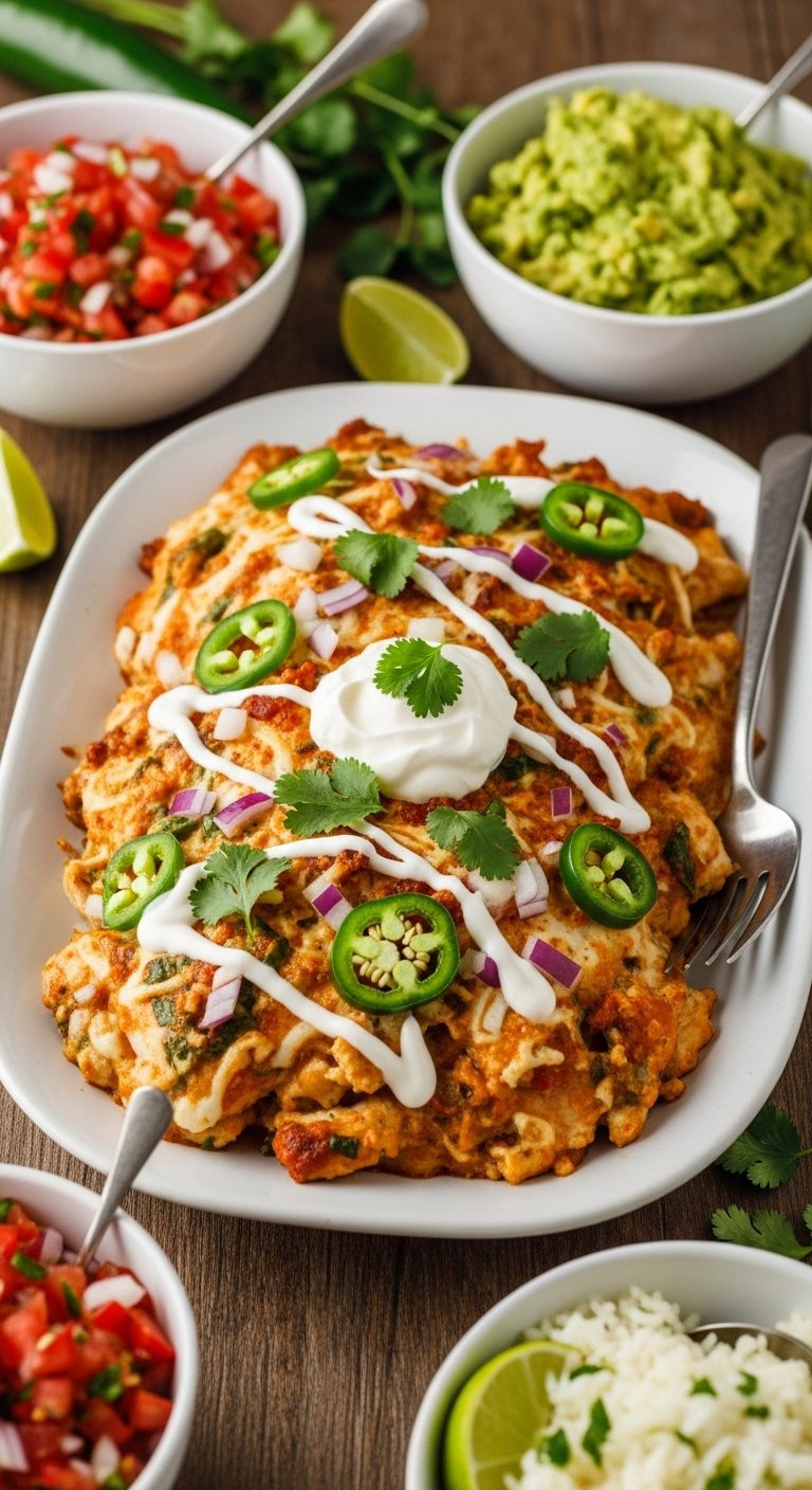 Baked Queso Chicken Garnished With Fresh Cilantro Sour Cream And Sliced Jalapeños In A Dish.