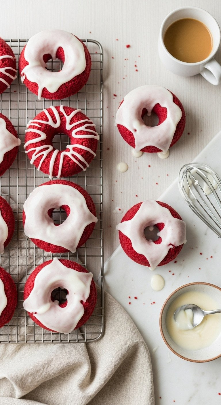 Baked Red Velvet Doughnuts With Dripping Cream Cheese Glaze On A Wire Rack, Next To Coffee, Perfect For Breakfast.
