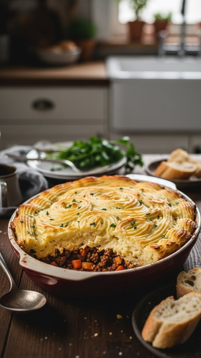 Baked Shepherd's Pie With Golden Mashed Potato Topping And Savory Meat Vegetable Filling In Rustic Casserole Dish