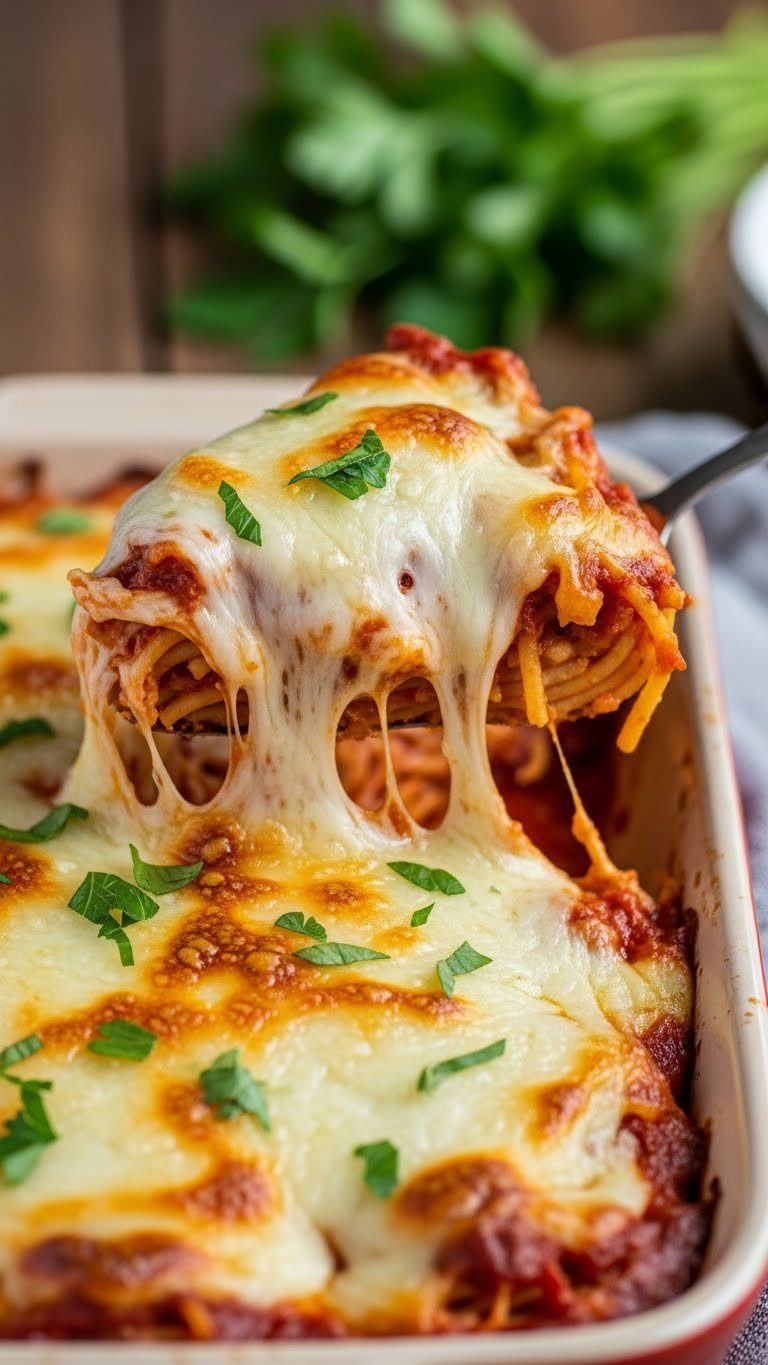 Baked Spaghetti Casserole Fresh From Oven With Bubbling Golden Cheese Topping And Red Sauce Peeking Through