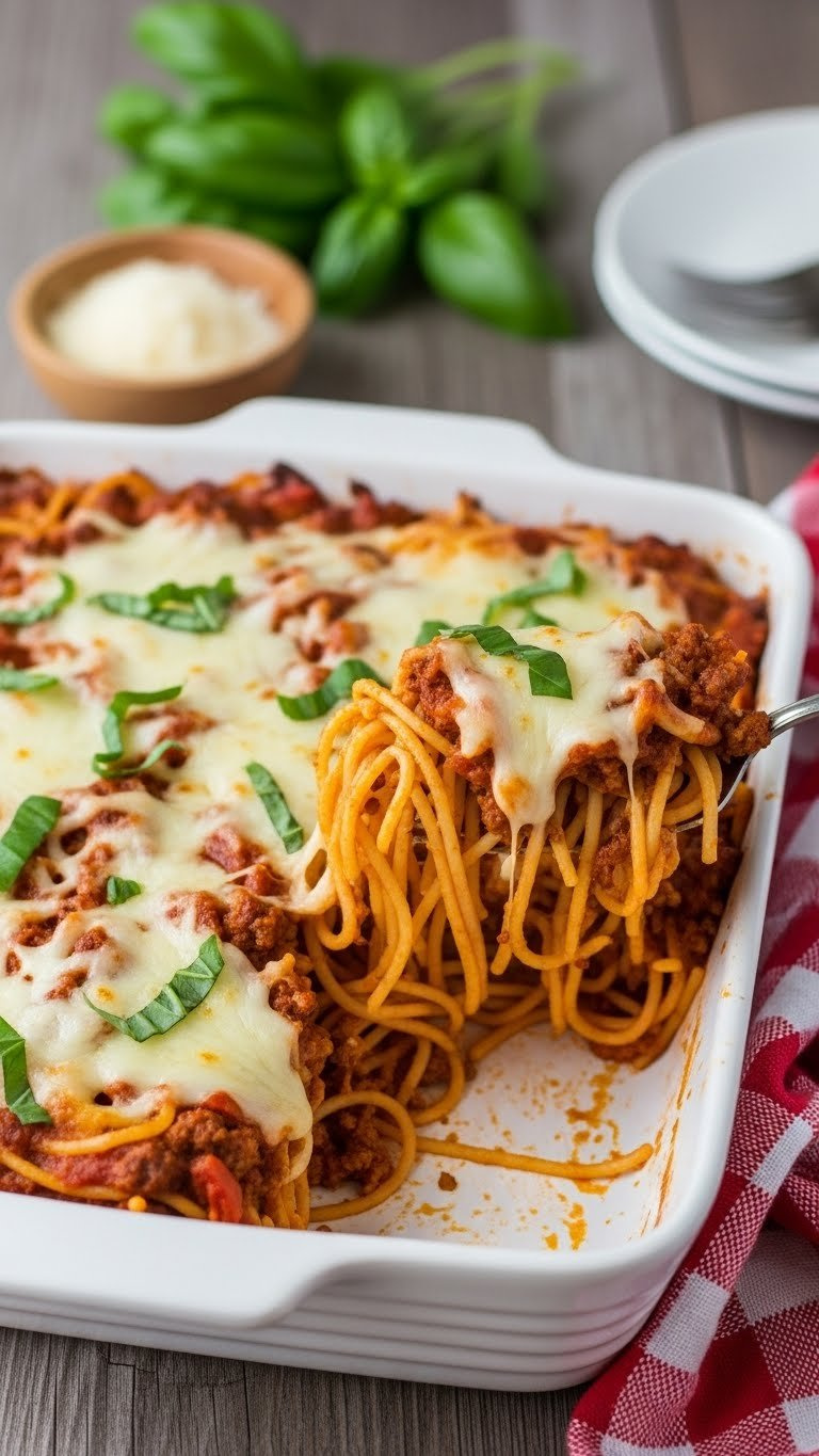 Baked Spaghetti With Ground Beef In Rich Tomato Sauce Topped With Golden Mozzarella And Parmesan Cheese