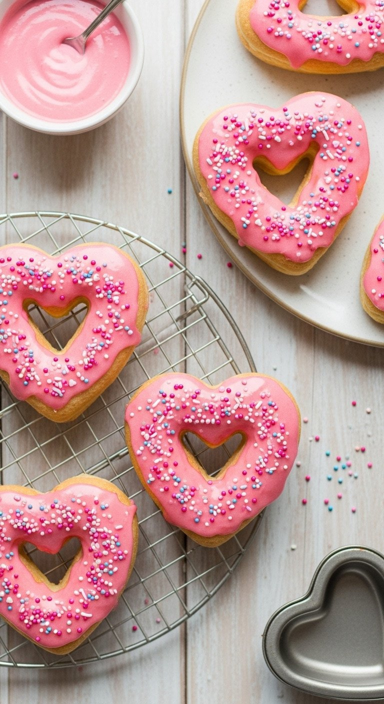 Baked Sugar-Free Heart-Shaped Donuts, Pink Icing &Amp; Sprinkles On Cooling Rack. Keto-Friendly Valentine's Day Treat.