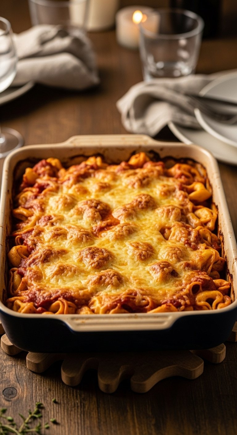 Baked Tortellini Casserole With A Golden-Brown Bubbly Cheese Crust Served On A Wooden Trivet.