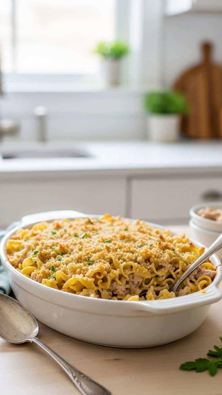 Baked Tuna Noodle Casserole With Golden-Brown Breadcrumb Topping, Creamy Sauce, And Tender Egg Noodles