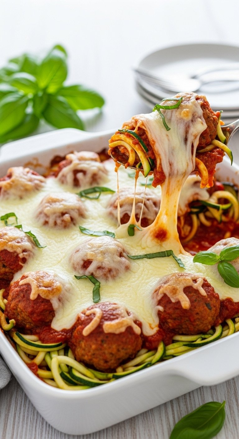 Baked Turkey Meatball And Zucchini Noodle Casserole With Marinara And Melted Mozzarella Cheese.