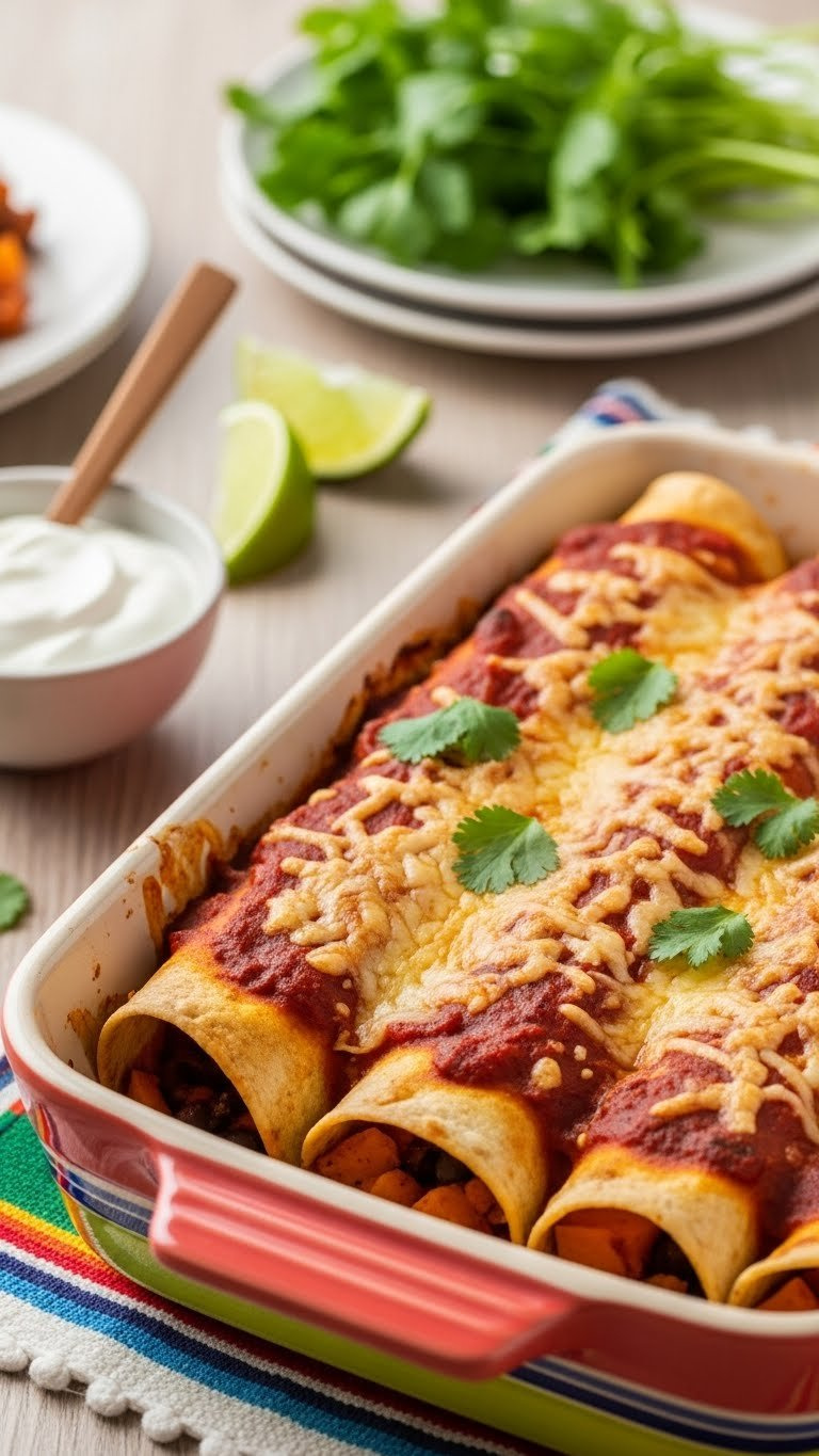 Baked Vegetarian Sweet Potato And Black Bean Enchiladas With Red Sauce And Melted Cheese