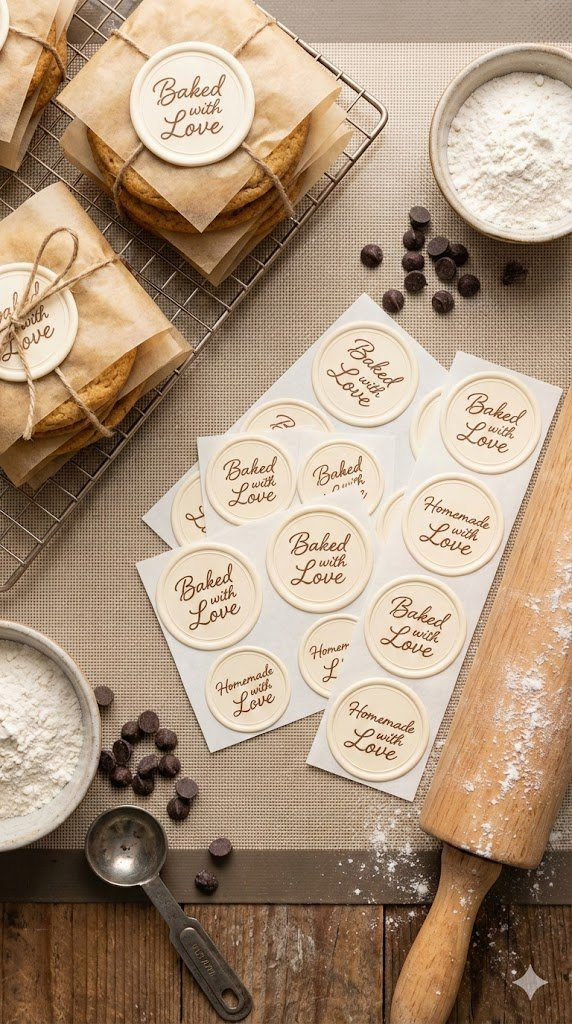 Baked With Love Seals On Homemade Cookies With Flour-Dusted Rolling Pin Arranged In Cozy Baking Flat Lay.