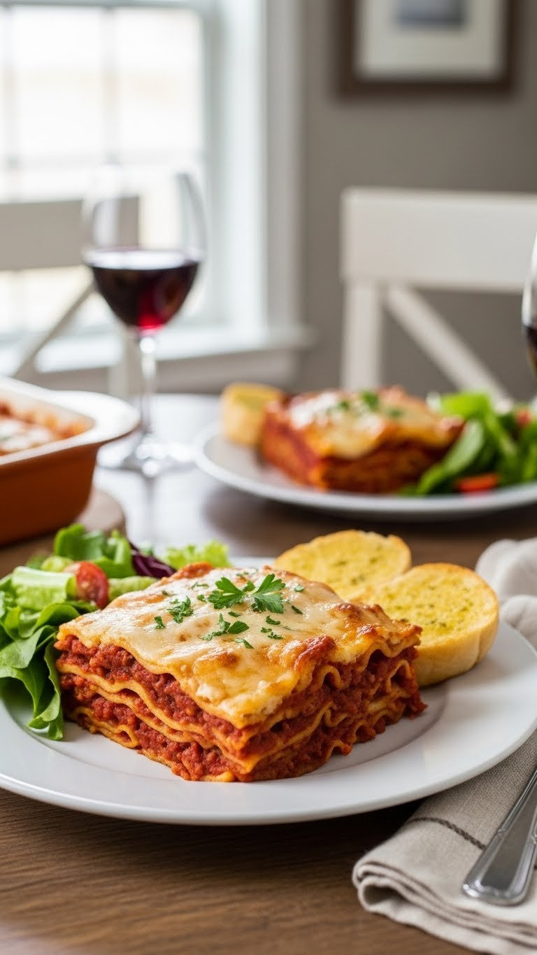 Baked Ziti Slice On White Plate With Fresh Parsley Garnish, Side Salad, And Garlic Bread For Complete Meal Presentation.