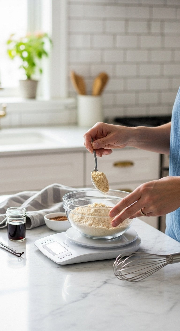 Baker Measures Fine Blanched Almond Flour In A Bowl On A Digital Kitchen Scale In A Bright, Modern White Kitchen.