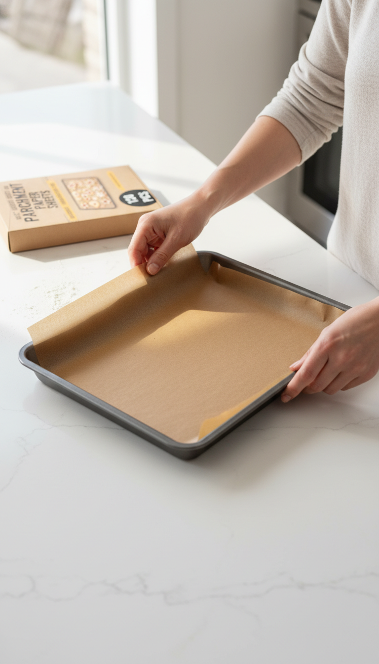A Baker's Signature Precut Parchment Sheet Lying Flat On A Baking Tray Next To A Bowl Of Cookie Dough And A Curled-Up Piece Of Traditional Roll Parchment.