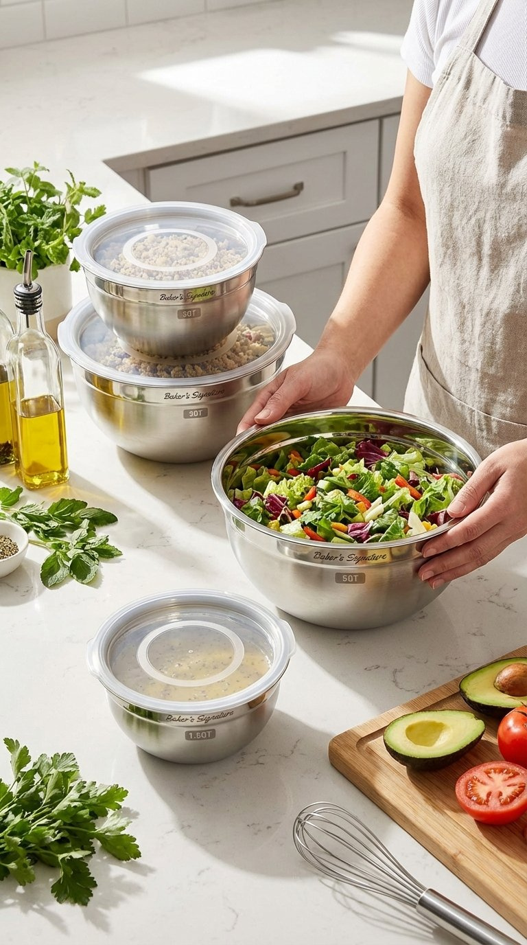 A Photo Showing The Baker's Signature Bowls In A Real Kitchen Setting, One With A Whisk Inside, Another Storing A Salad In The Fridge, Demonstrating The Testing In Action.