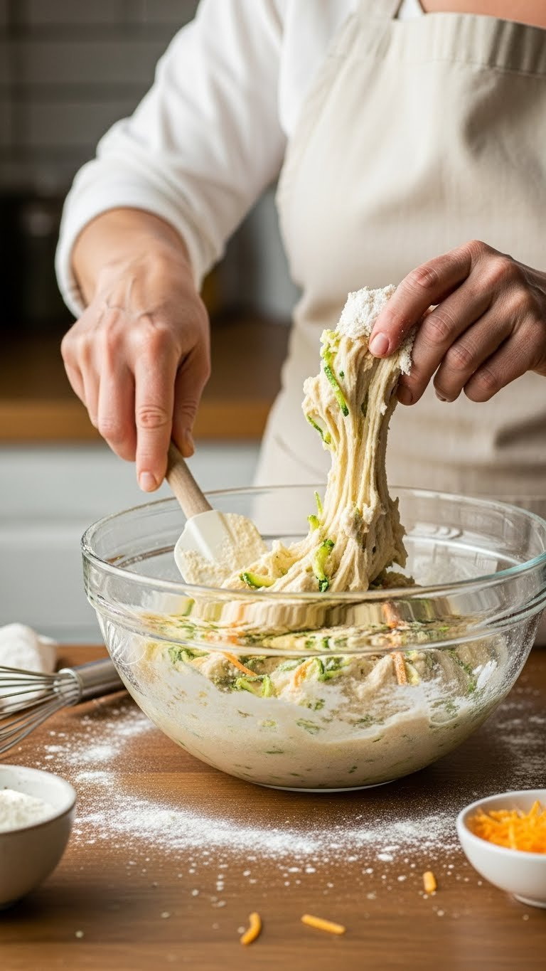 Baker's Hands Folding Zucchini Cheese Batter With Rubber Spatula In Clear Glass Mixing Bowl On Rustic Wooden Table.