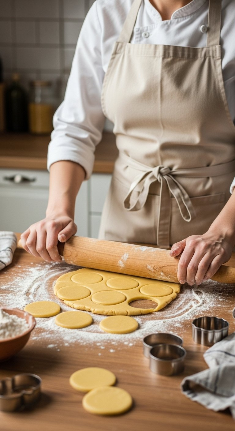 Baker's Hands Rolling Out Chilled Cookie Dough On A Floured Wooden Surface With A Rolling Pin.