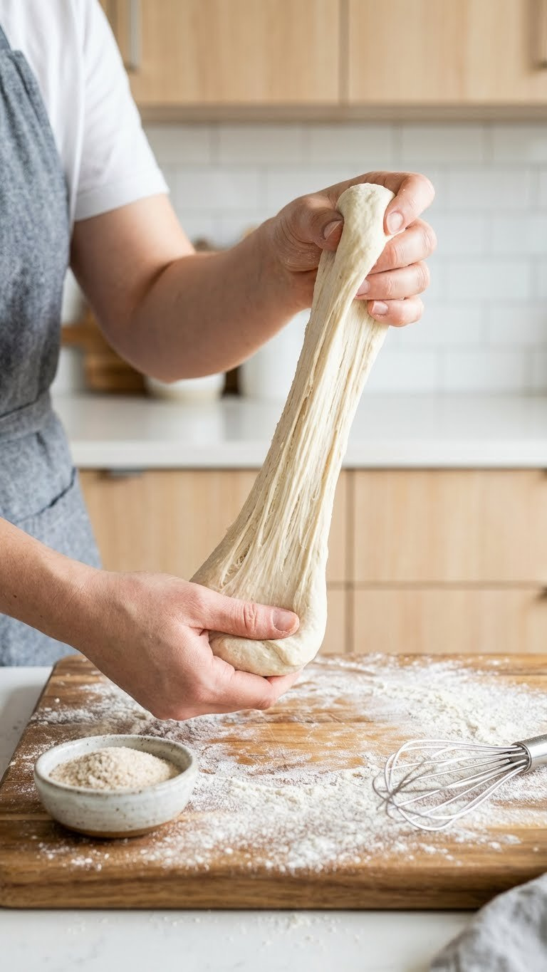 Baker's Hands Stretching Elastic Gluten-Free Bread Dough With Psyllium Husk, On Floured Wood In Bright Kitchen Light.