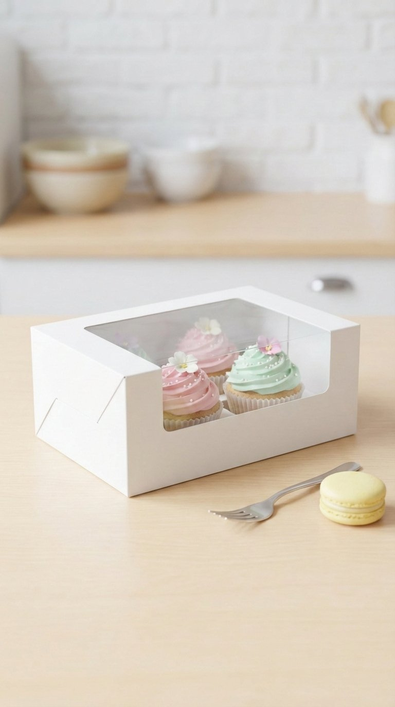 Bakery Box With Clear Plastic Window Revealing Frosted Cupcakes On Neutral Table In Bright Kitchen Setting.