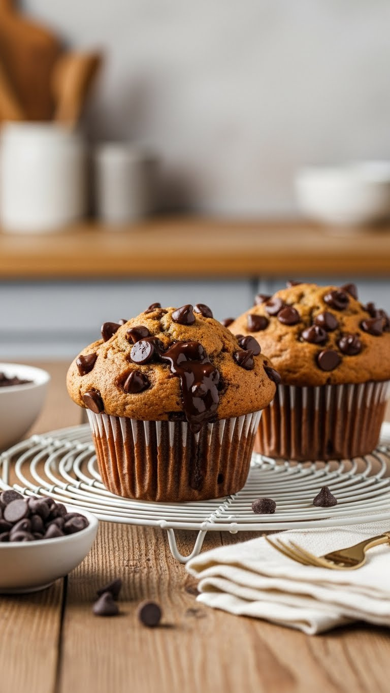 Bakery-Style Chocolate Chip Muffins With Golden-Brown Tops, Glistening Melted Chocolate On A Cooling Rack. Warm Golden Hour Light Highlights Moist Crumb, Rustic Table. Delicious Dessert.