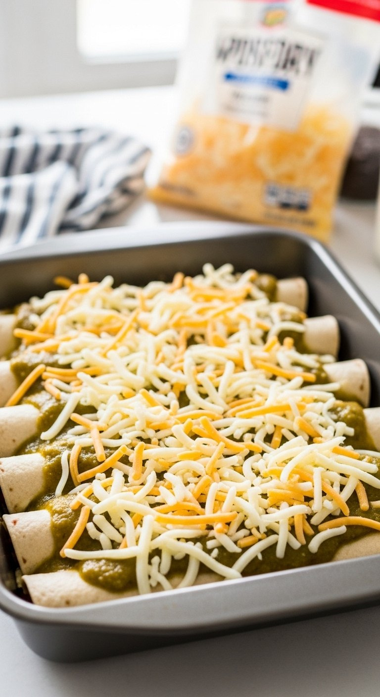 Baking Dish Filled With Rolled Enchiladas Covered In Green Sauce And Monterey Jack Cheese.
