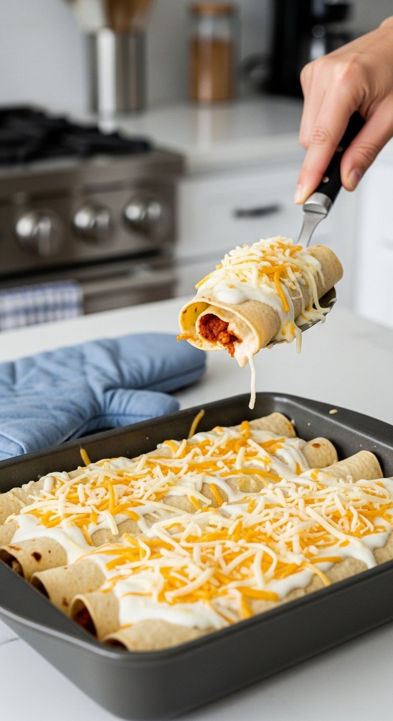 Baking Dish Filled With Rolled Enchiladas Smothered In Creamy White Sauce And Topped With Shredded Cheese.