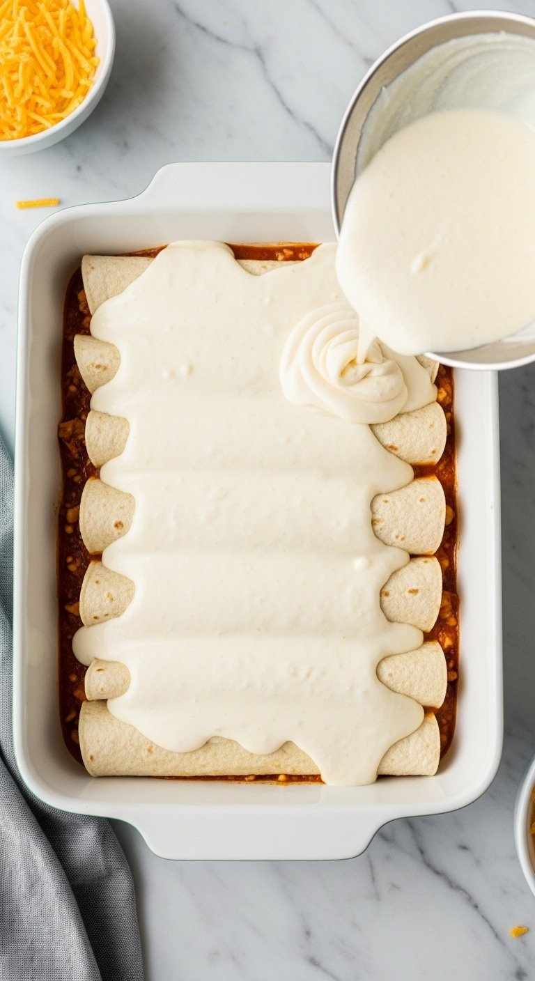 Baking Dish Filled With Rolled Enchiladas Smothered In Creamy White Sauce On A Marble Countertop.