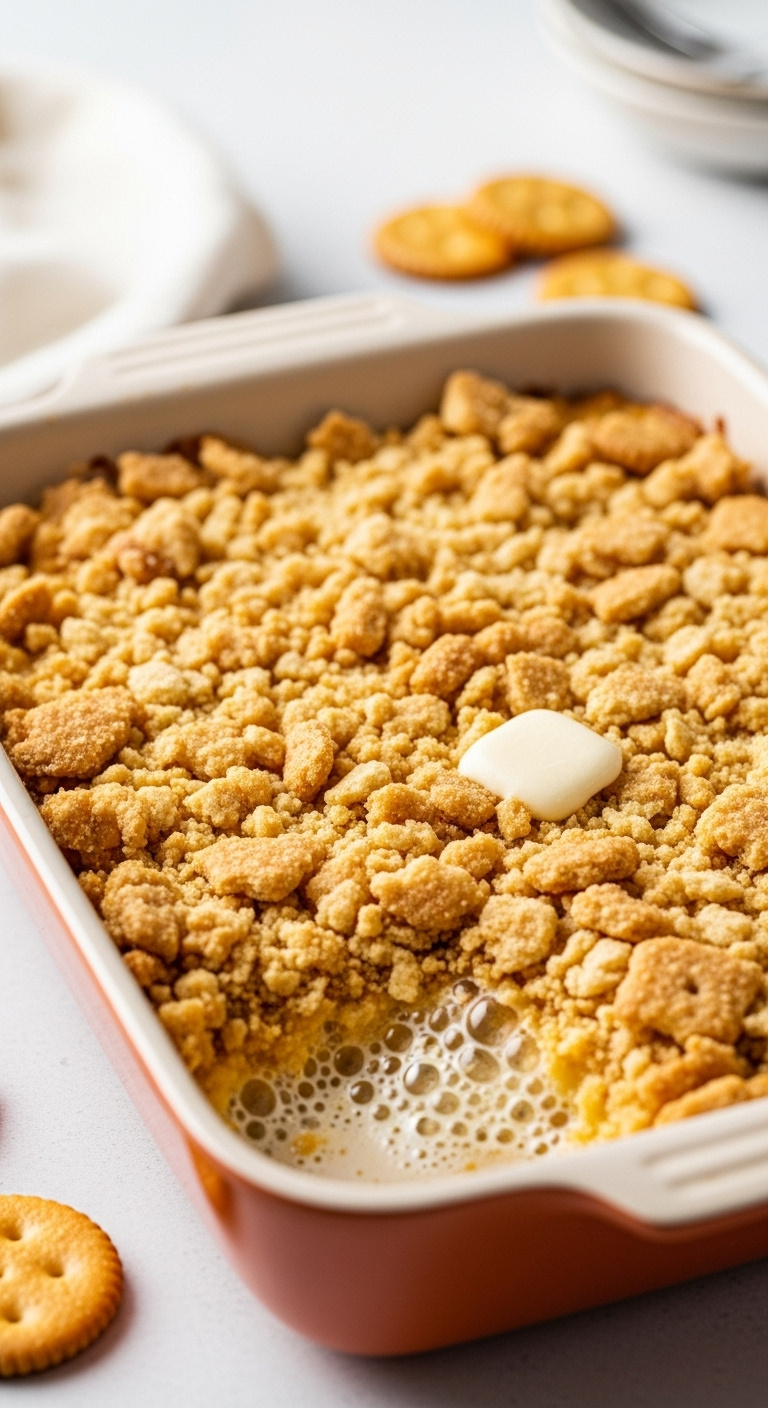 Baking Dish With Casserole Topped With Perfectly Golden Brown Buttery Crunchy Crushed Ritz Crackers And Creamy Bubbles Breaking Through