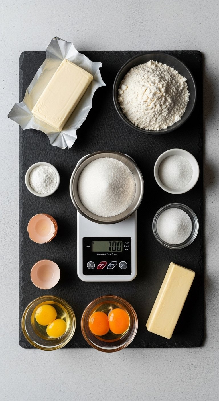 Baking Ingredients Including Cream Cheese, Flour, Eggs, And A Digital Scale Arranged Artfully On Dark Slate.