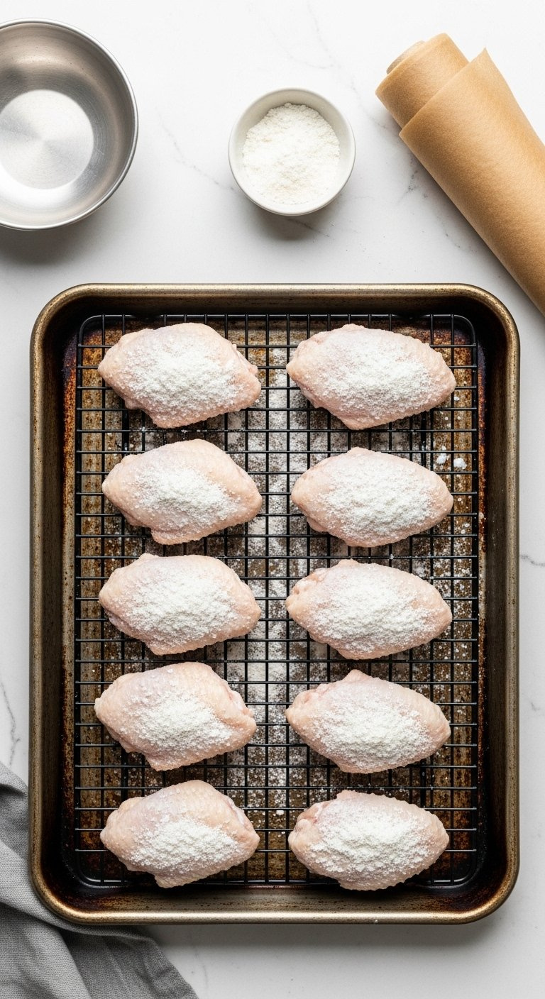 Baking Powder Coated Raw Chicken Wings Arranged On A Wire Rack Inside A Metal Baking Sheet.