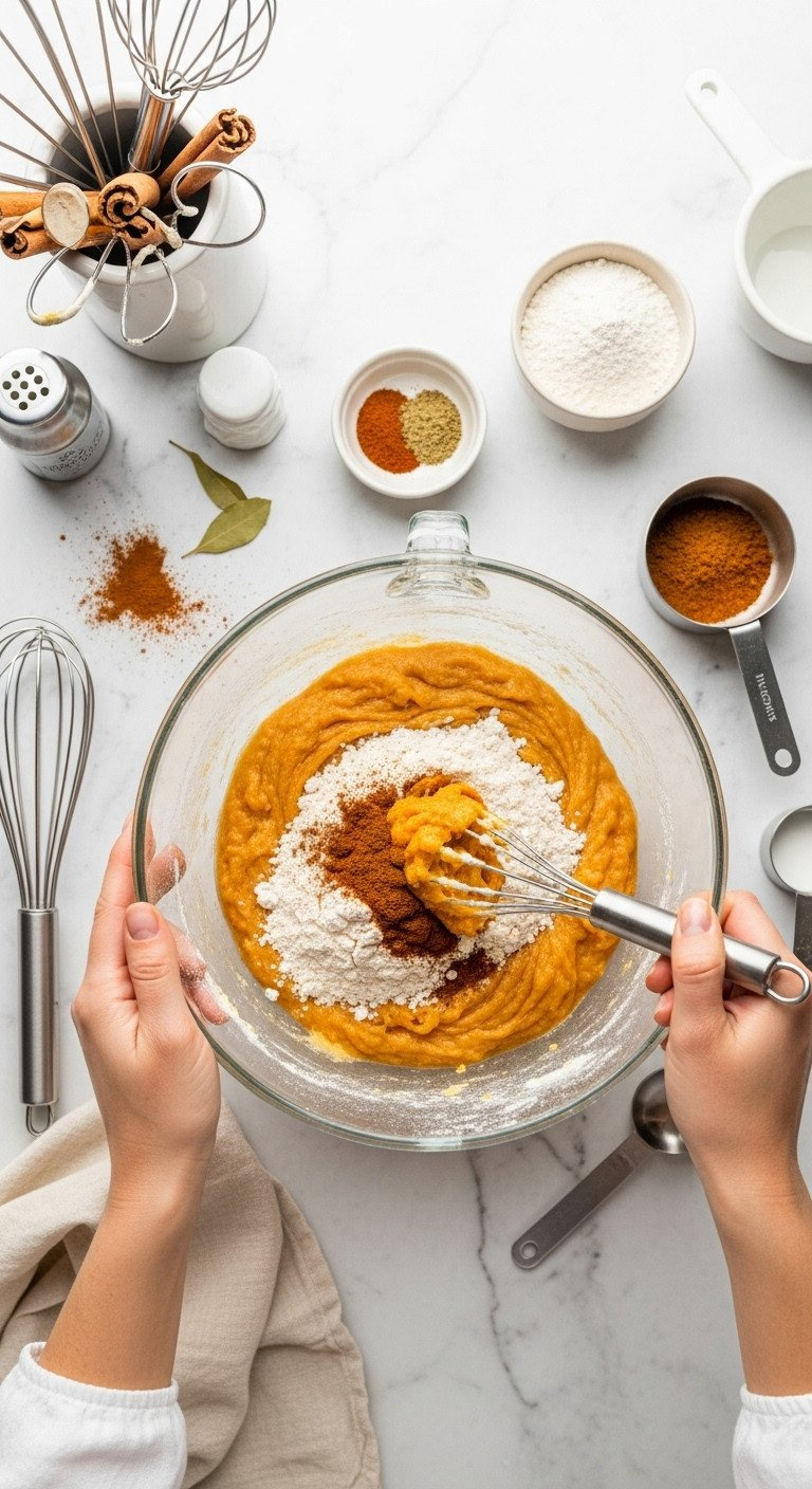 Baking Pumpkin Bread: Dry Ingredients Folded Into Rich Orange Batter In A Mixing Bowl, With A Whisk On A Clean Marble Counter.