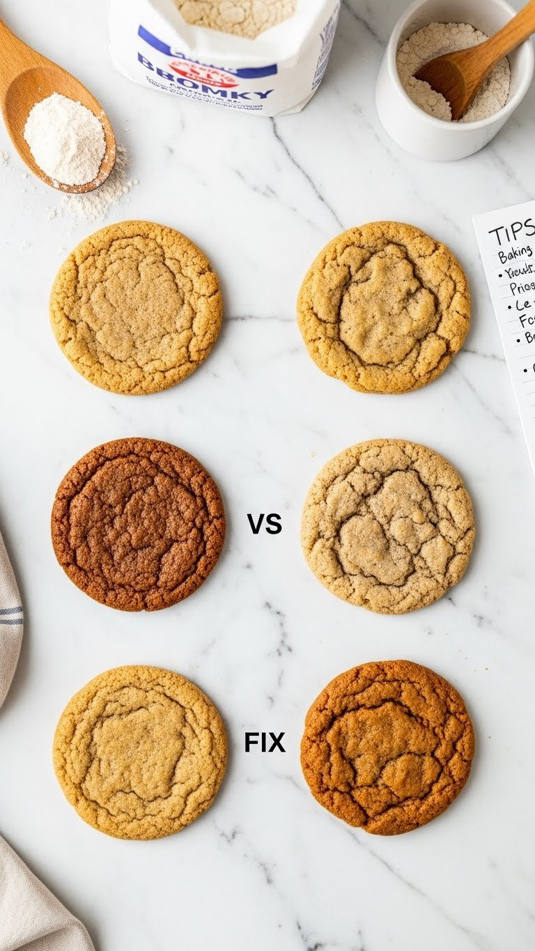 Baking Results Comparison: Flat Cookie, Crumbly Muffin, And Perfect Chewy Cookie On Marble Counter. Baking Tips.