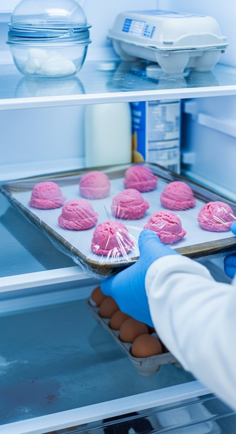 Baking Sheet Covered With Pink Strawberry Cookie Dough Balls In Plastic Wrap Inside A Modern Refrigerator.