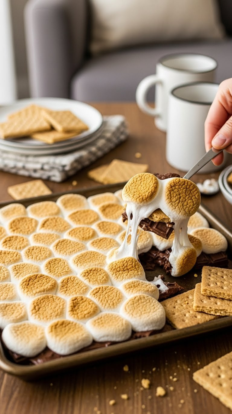 Baking Sheet Filled With Golden-Brown Toasted Marshmallows And Melted Chocolate Over Graham Crackers For S'mores Dip