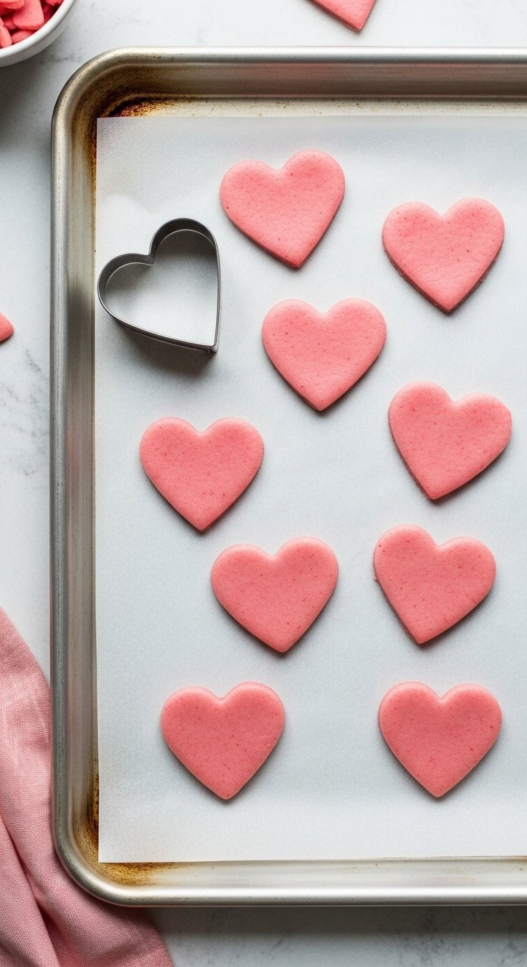 Baking Sheet Filled With Neatly Arranged Unbaked Heart Shaped Pink Shortbread Cookies Ready For The Oven.