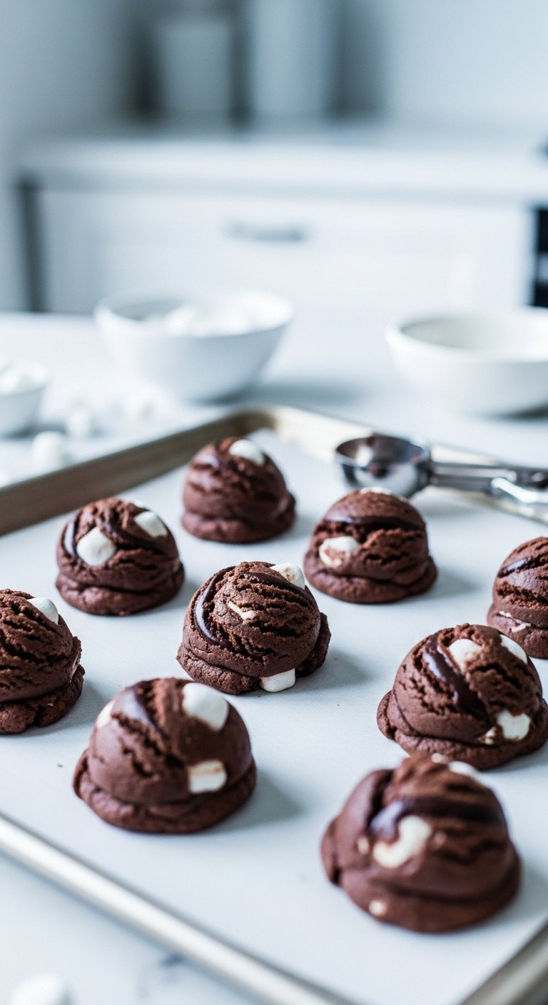 Baking Sheet Filled With Scooped Chocolate Marshmallow Swirl Cookie Dough Balls Ready For Baking On Parchment Paper.
