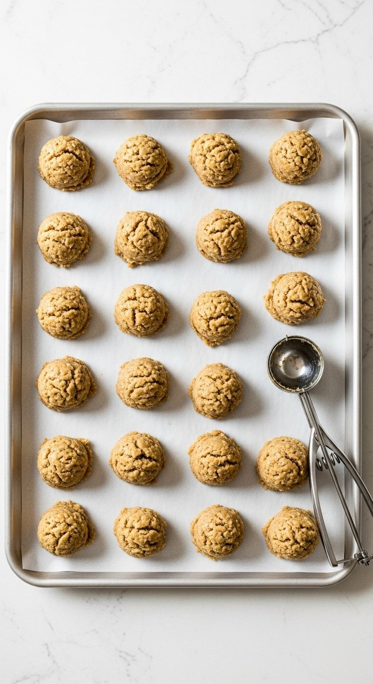 Baking Sheet Lined With Parchment Paper Holding Uniform Scoops Of Oatmeal Cookie Dough.