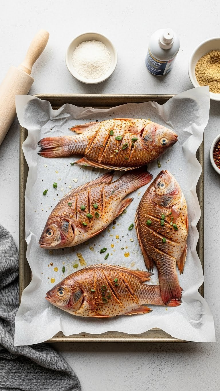 Baking Sheet With Crinkled Parchment Paper And Seasoned Tilapia Fillets Arranged Neatly For Oven Baking